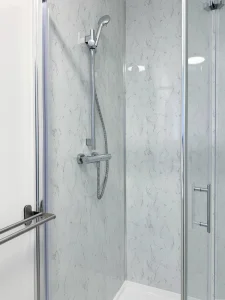 Walk-in shower inside modern modular home in the West of Ireland
