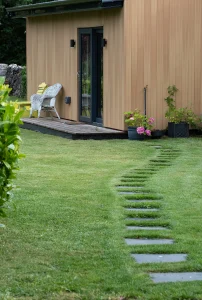 Stepping stones leading to beautiful, modern and quick built modular home